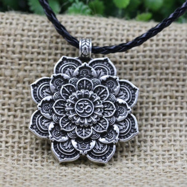 Antique Silver Mandala Lotus Om Pendant Necklace-Your Soul Place